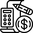 taxes calculator, paper, pencil and dollar sign
